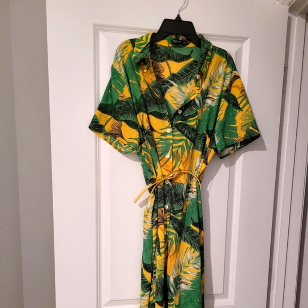 SHEIN Yellow & Green Tropical Print Curve Dress Size XL